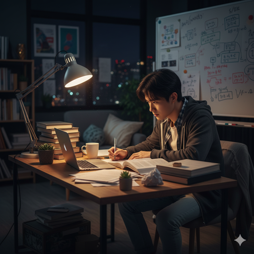 젊은 학생이 열심히 공부하는 이미지