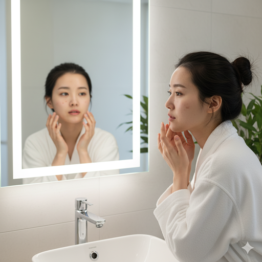 젊은 여성이 거울에 얼굴을 비춰보는 이미지