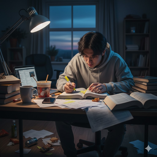 벼락치기 공부를 하는 젊은 학생 이미지