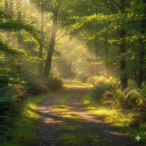 햇빛이 비치는 숲속 산책길 이미지