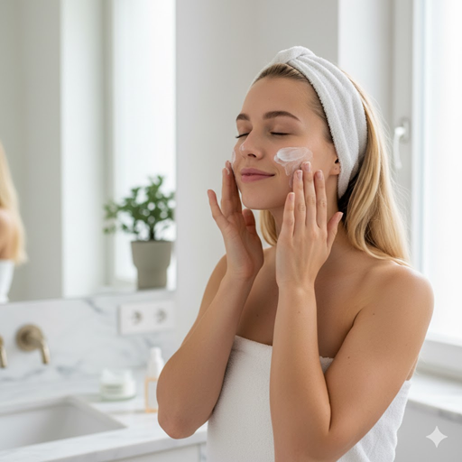 젊은 여성이 수분 크림을 바르는 이미지