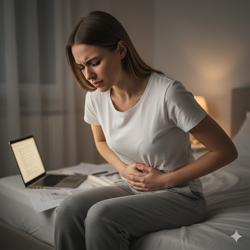 스트레스로 장이 아픈 젊은 여성 이미지