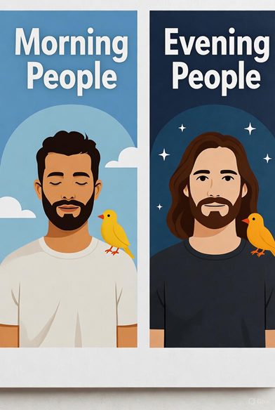 아침형 인간과 저녁형 인간의 보기를 비교하는 이미지