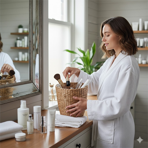 거울 앞에서 낡은 화장품을 버리고 새로운 루틴을 시작하는 여성 이미지