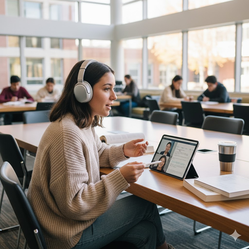젊은 여성 학생이 외국어 학습을 하는 이미지