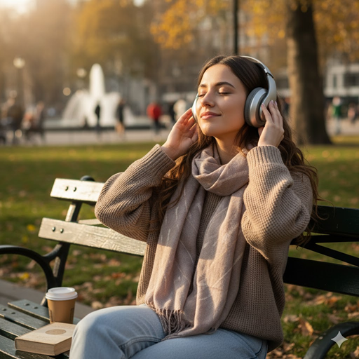젊은 여성이 음악을 듣고 있는 이미지