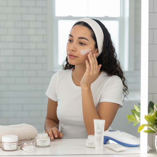 자외선 차단제를 바르는 젊은 여성 이미지