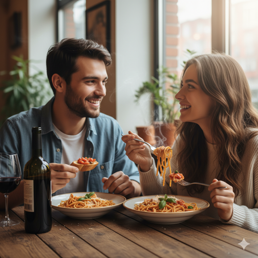 젊은 남녀가 즐겁게 식사하는 이미지
