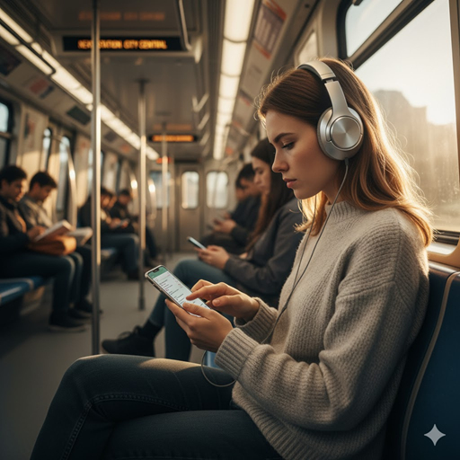 젊은 여성이 지하철에서 스마트폰으로 공부하고 있는 이미지