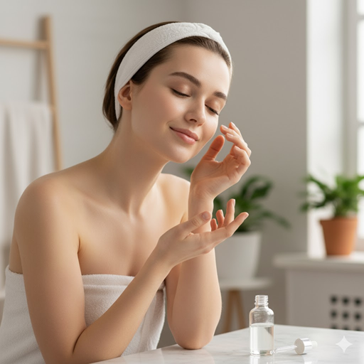 피부에 세럼을 바르는 젊은 여성 이미지