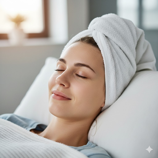 젊은 여성이 피부 케어 후 휴식을 취하고 있는 이미지