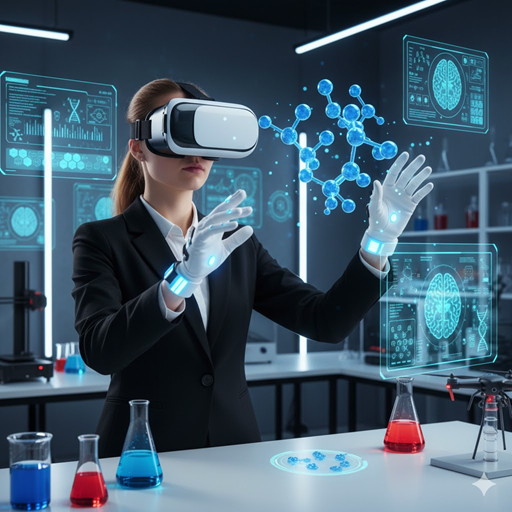 VR/AR 기기를 착용하고 여러 가지 가상 실험을 하고 있는 젊은 여성의 실사 이미지