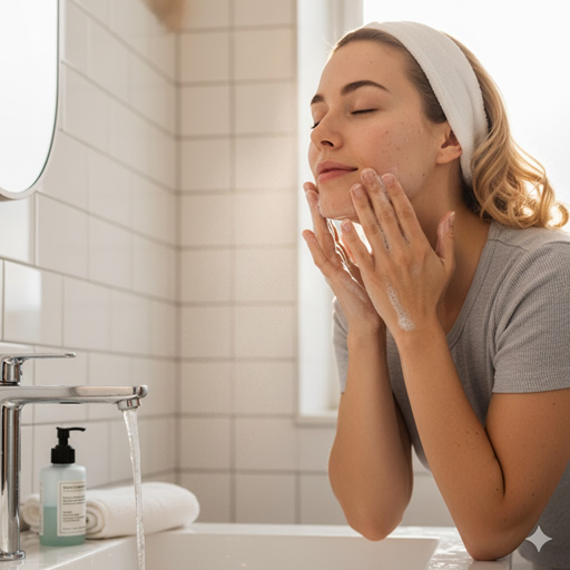 기미가 약간 있는 젊은 백인 여성이 욕실에서 부드럽게 세안하는 모습의 실사 이미지