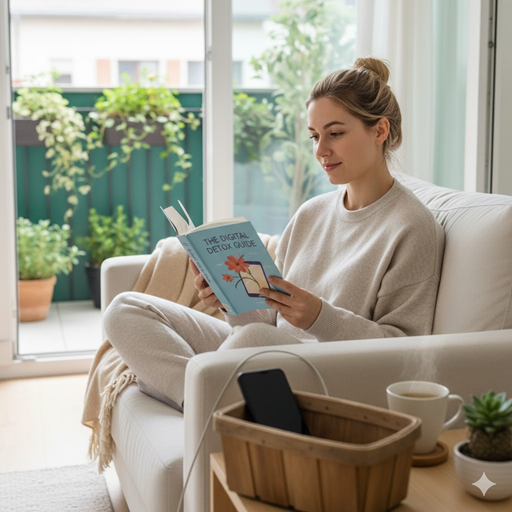 디지털 디톡스를 실천하면서 독서를 하고 있는 젊은 백인 여성의 실상 이미지