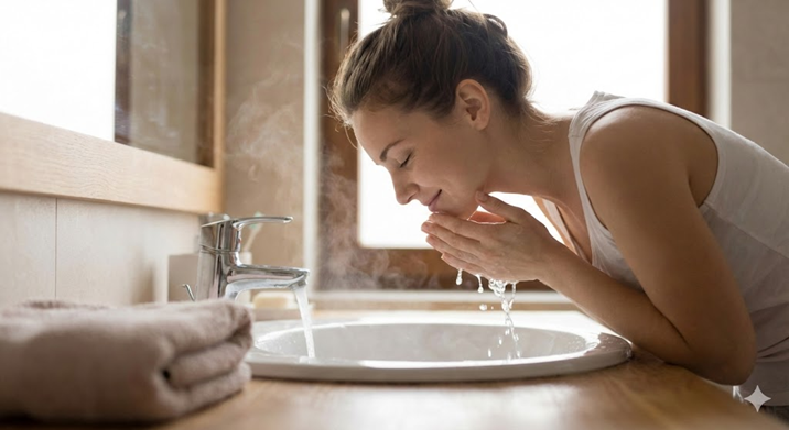 젊은 백인 여성이 세면대에서 미온수에 세안을 하는 모습