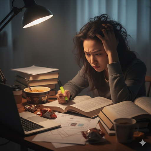 시험을 앞둔 젊은 여성이 스트레스를 받고 있는 모습