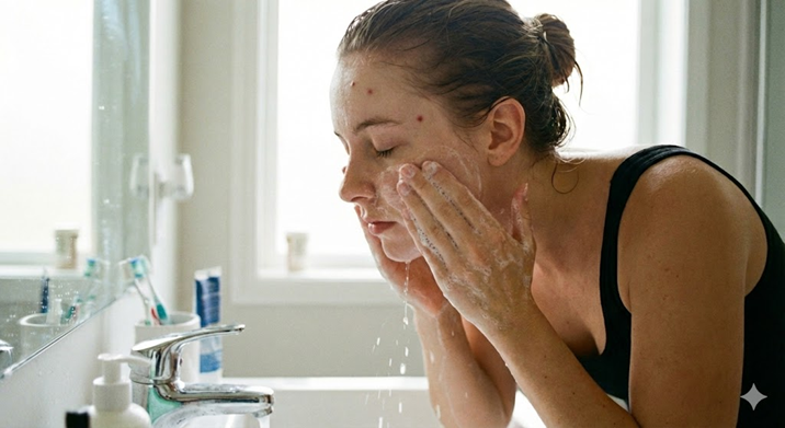 여드름이 약간 있는 젊은 백인 여성이 클렌저로 세안하는 실사 이미지