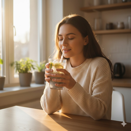 아침 햇살 속에서 치아 시드 음료를 마시는 젊은 여성의 실사 이미지