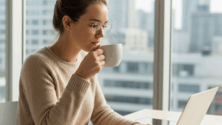 젊은 여성이 커피를 마시면서 회사 업무를 보고 있는 실사 이미지