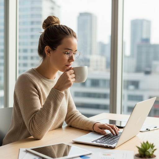 젊은 여성이 커피를 마시면서 회사 업무를 보고 있는 실사 이미지