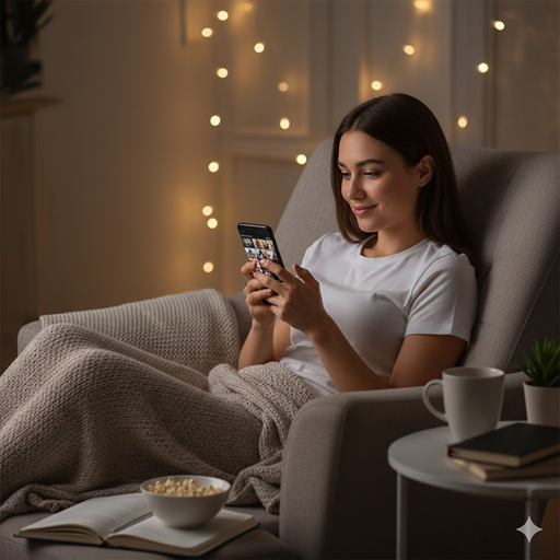 틱톡을 보면서 정신적인 위안을 찾고 있는 젊은 여성의 이미지