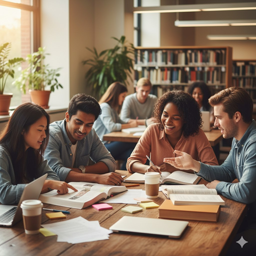 협력 학습하며 공감하는 학생들의 실사 이미지